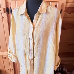 J. Jill Yellow and White Striped Button-Down Linen Top